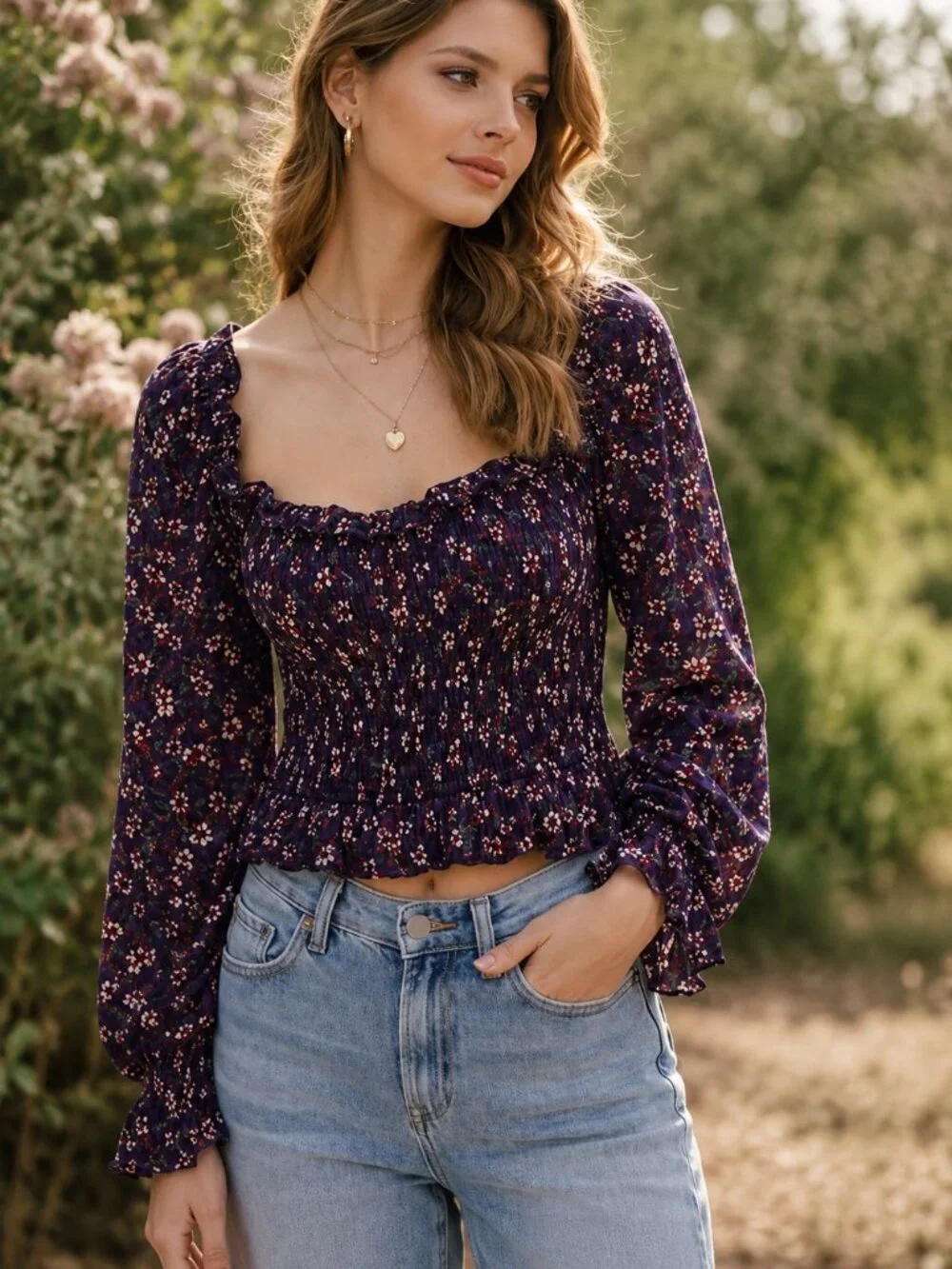 Band of the Free Smocked Floral Crop Top Purple Boho Prairie Festival NWT M